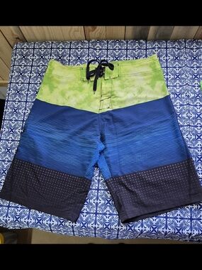 burnside Lime Green and Blue Gradient Men's Board Shorts